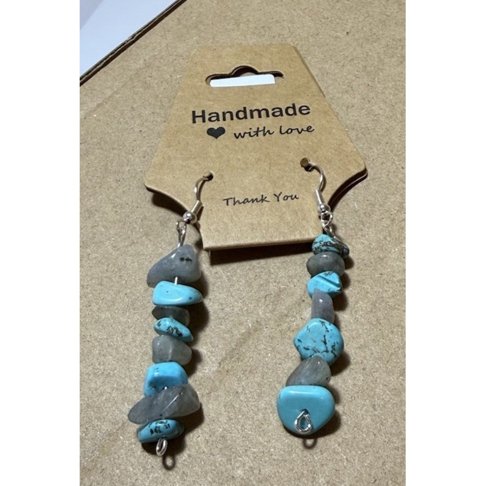 Turquoise Chip & Quartz Beaded Dangle Drop Hook Earrings Blue Stone Boho